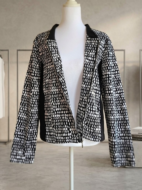 ZOE (Michael Phillips Ltée) Jackets & Blazers - ZOE Womens Size L Black White Polka Dot Full Zip Bomber Jacket stretch